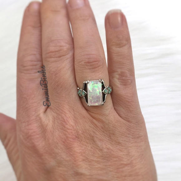 RESTOCK New Vintage Style Fire Opal Rectangular Cocktail Ring -Silver Opal Retro - Picture 6 of 16